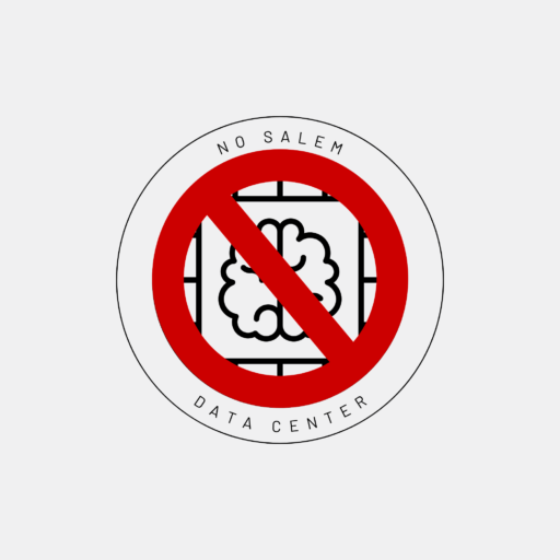 The logo for this site, "No Salem Data Center." These words make the outer rim, and a red "No" symbol covers a brain on top of a microchip, representing the concept of artificial intelligence (AI).